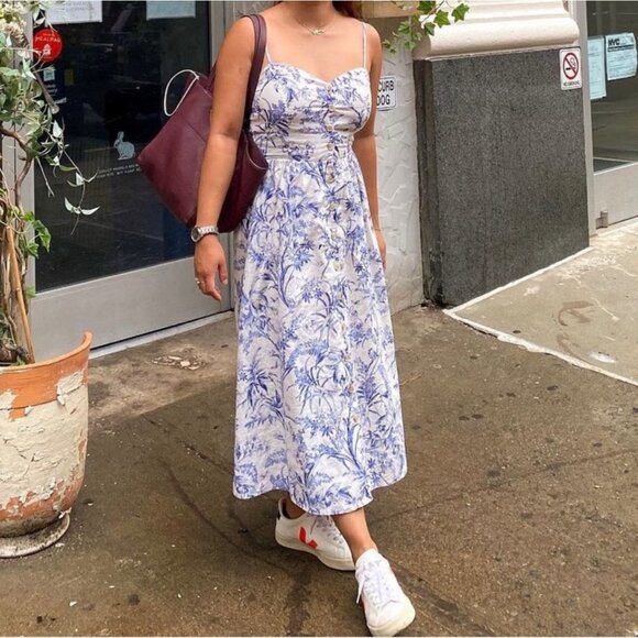 H&M Linen Blend Blue Floral Midi Dress With Spaghetti Straps Sz XL Womens - Picture 1 of 12